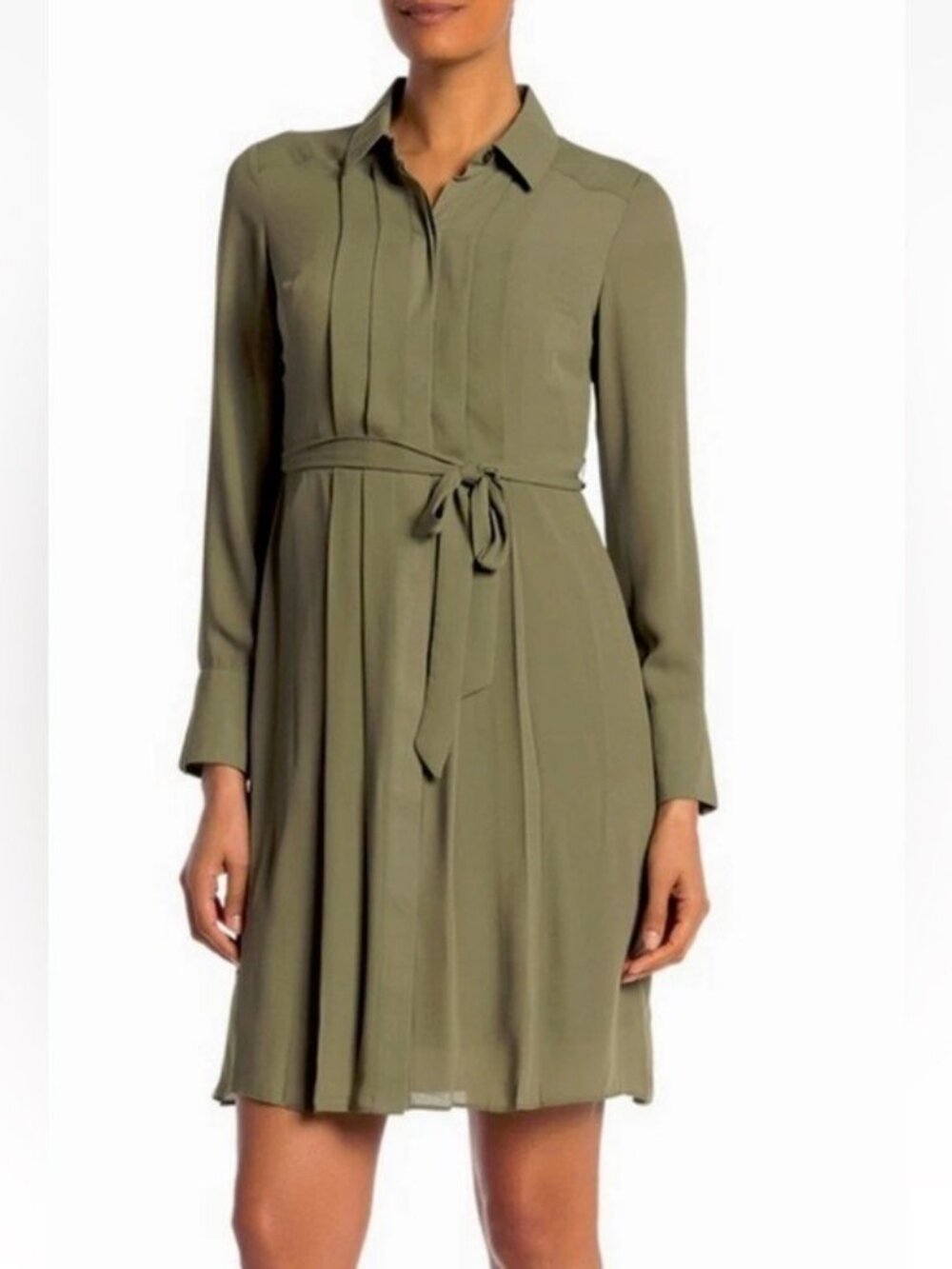 🌻NEW NWOT Nanette Lepore Green Pleated Waist Tie Shirt Dress Size 8